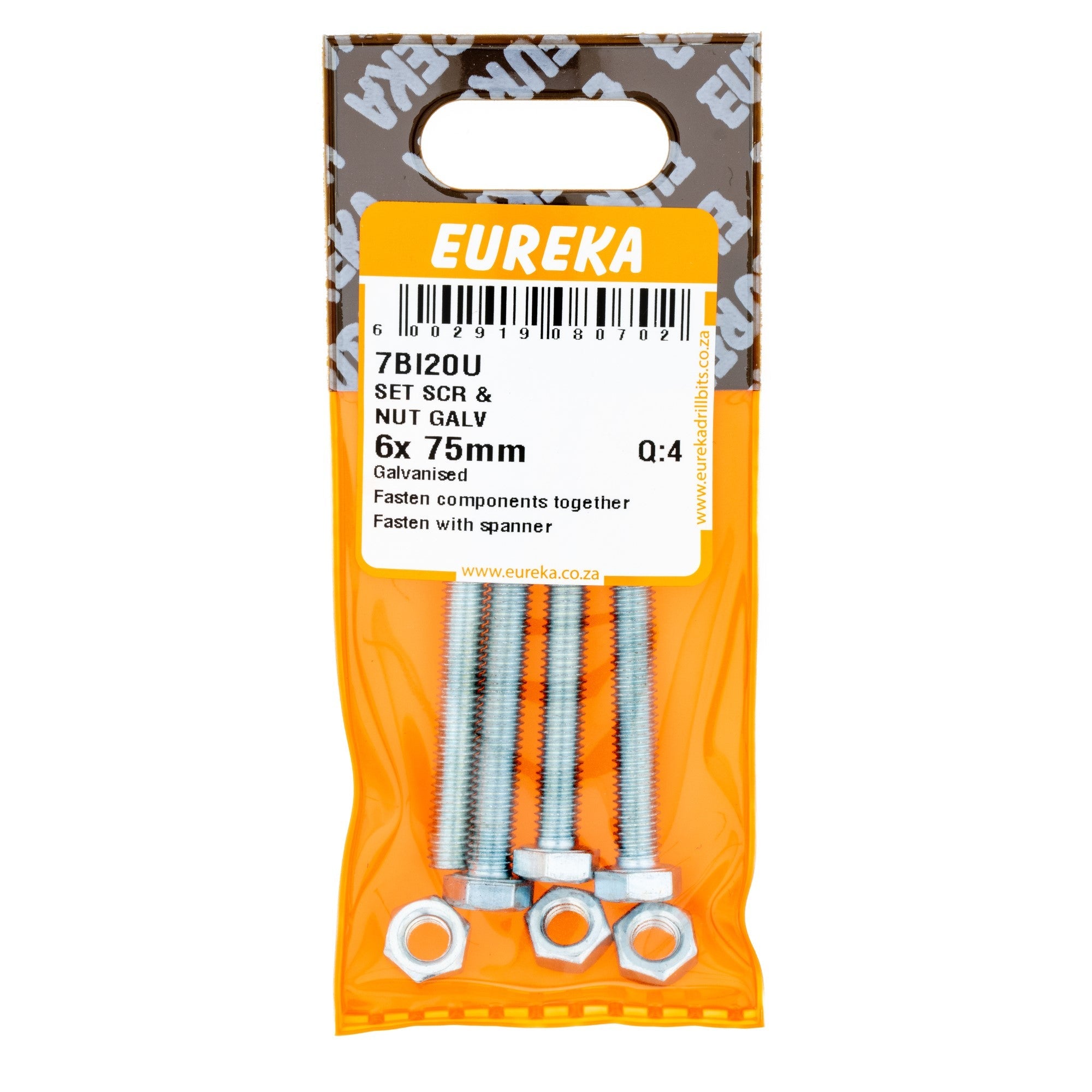 Eureka Hex Screw&nut Galv 6 x 75mm Q:4
