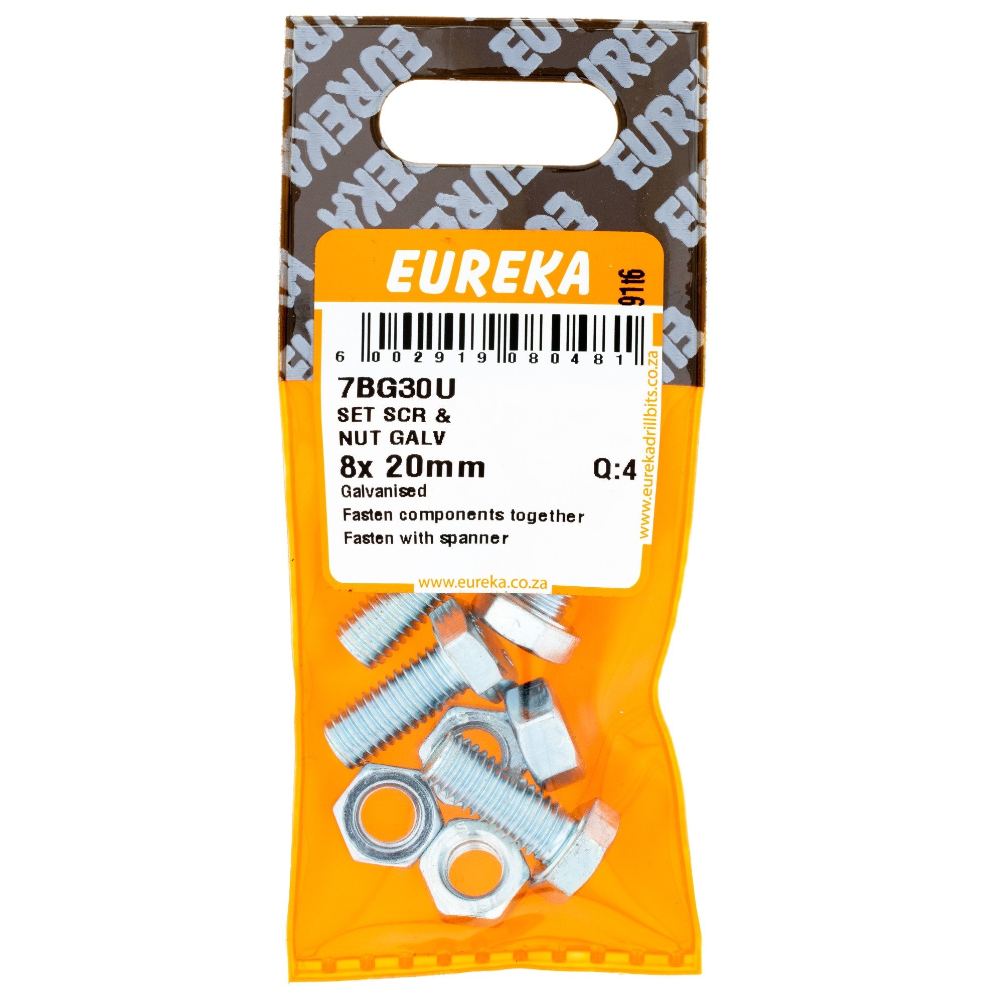 HEX SCREW&NUT GALV 8X20MM Q:4 EUREKA