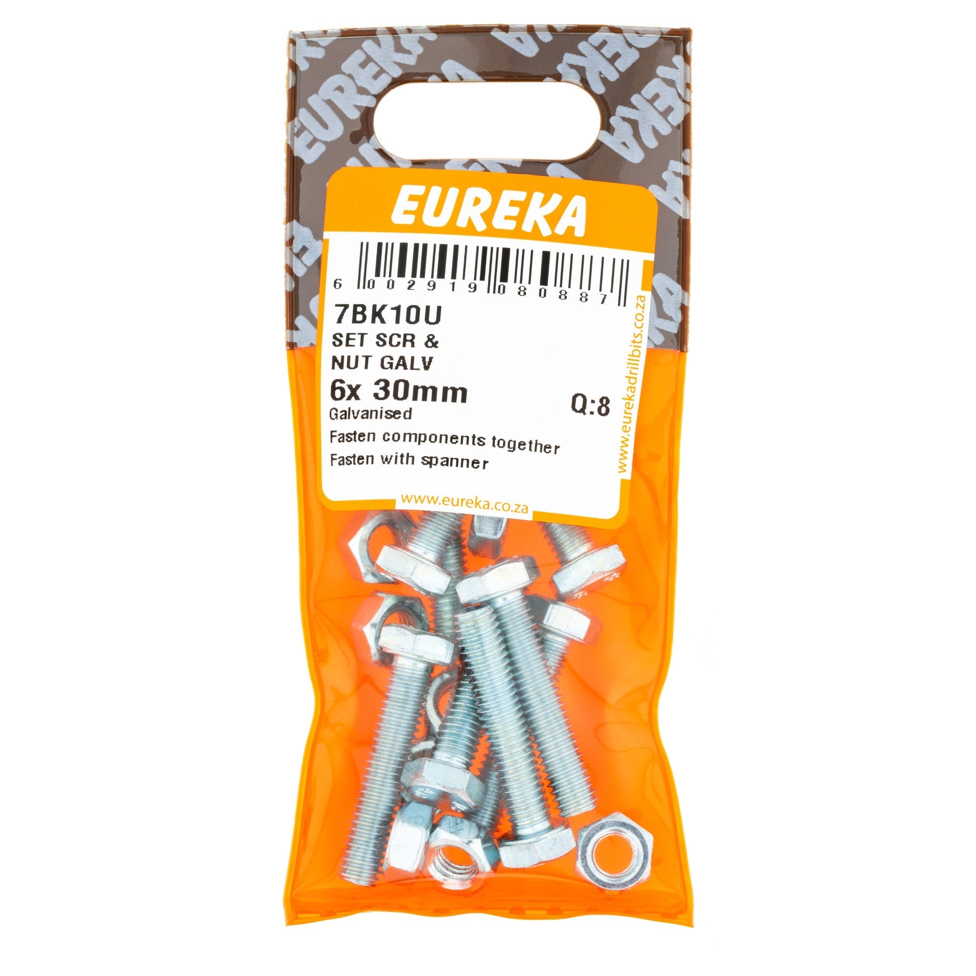 Eureka Hex Screw&nut Galv 6 x 30mm Q:8
