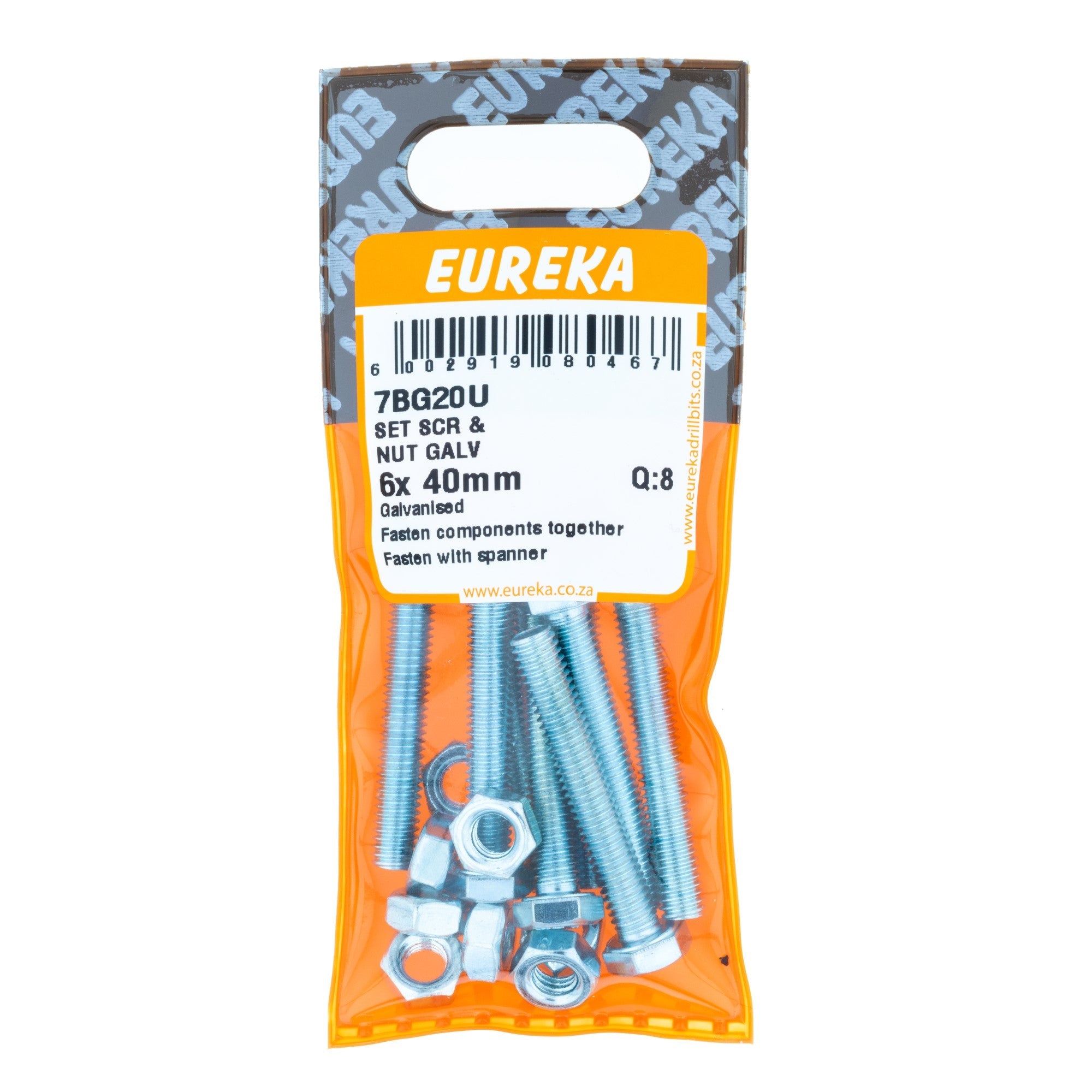 Eureka Hex Screw&nut Galv 6 x 40mm Q:8