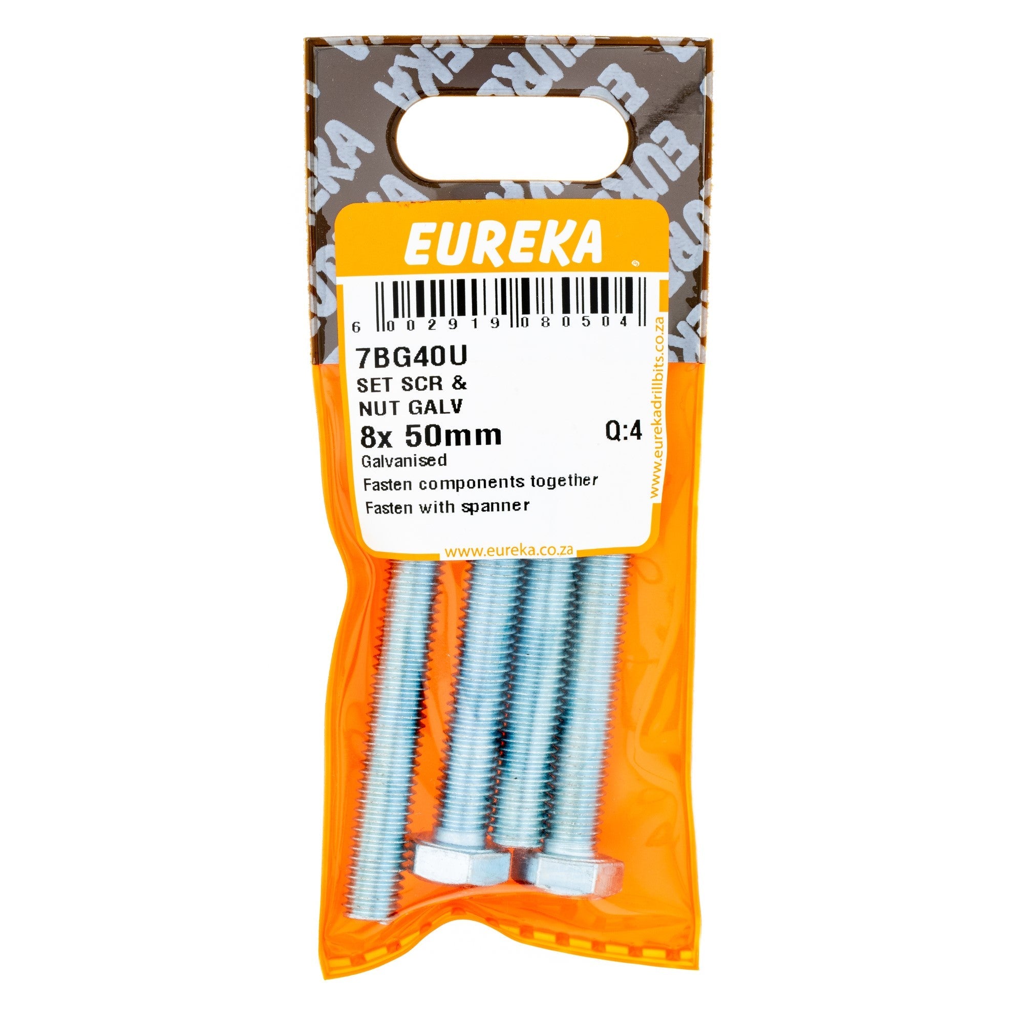 Eureka Hex Screw&nut Galv 8 x 50mm Q:4