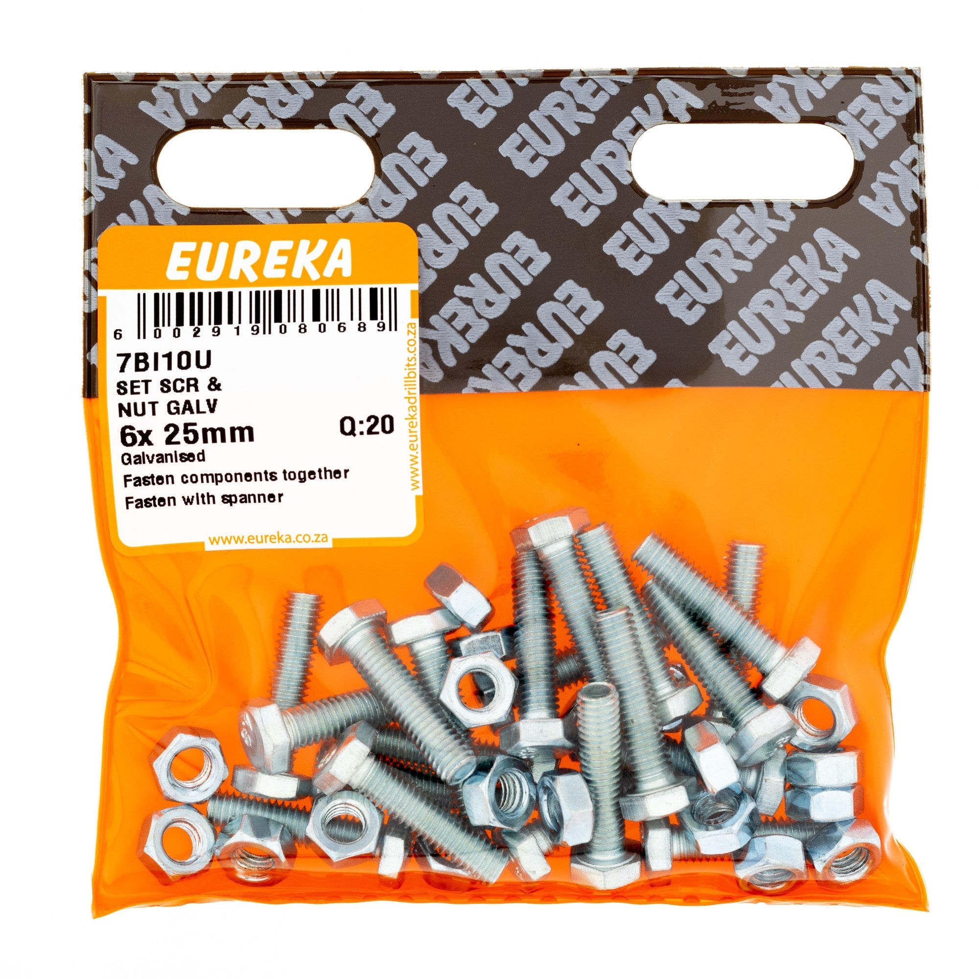 Eureka Hex Screw&nut Galv 6 x 25mm Q:20