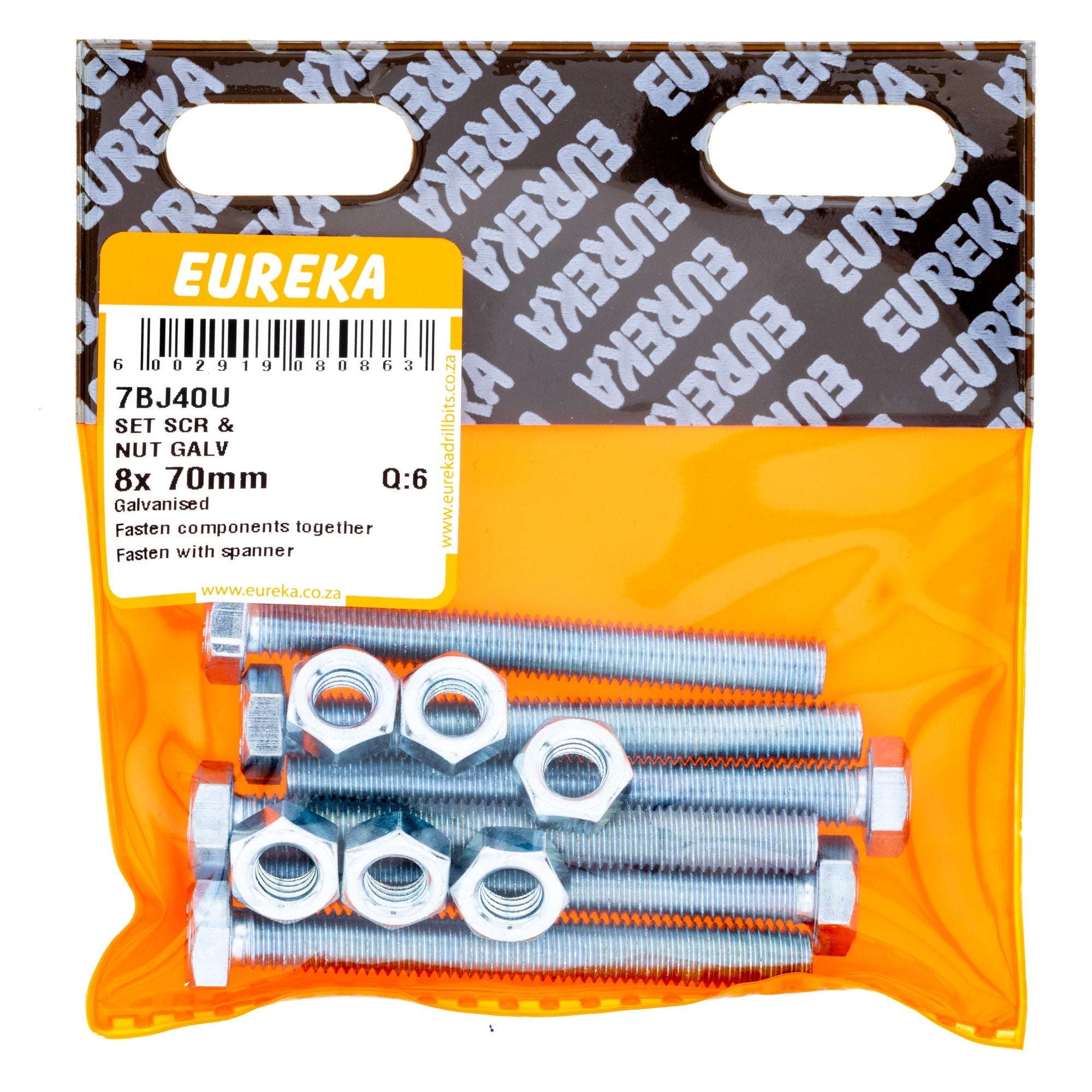 Eureka Hex Screw&nut Galv 8 x 70mm Q:6