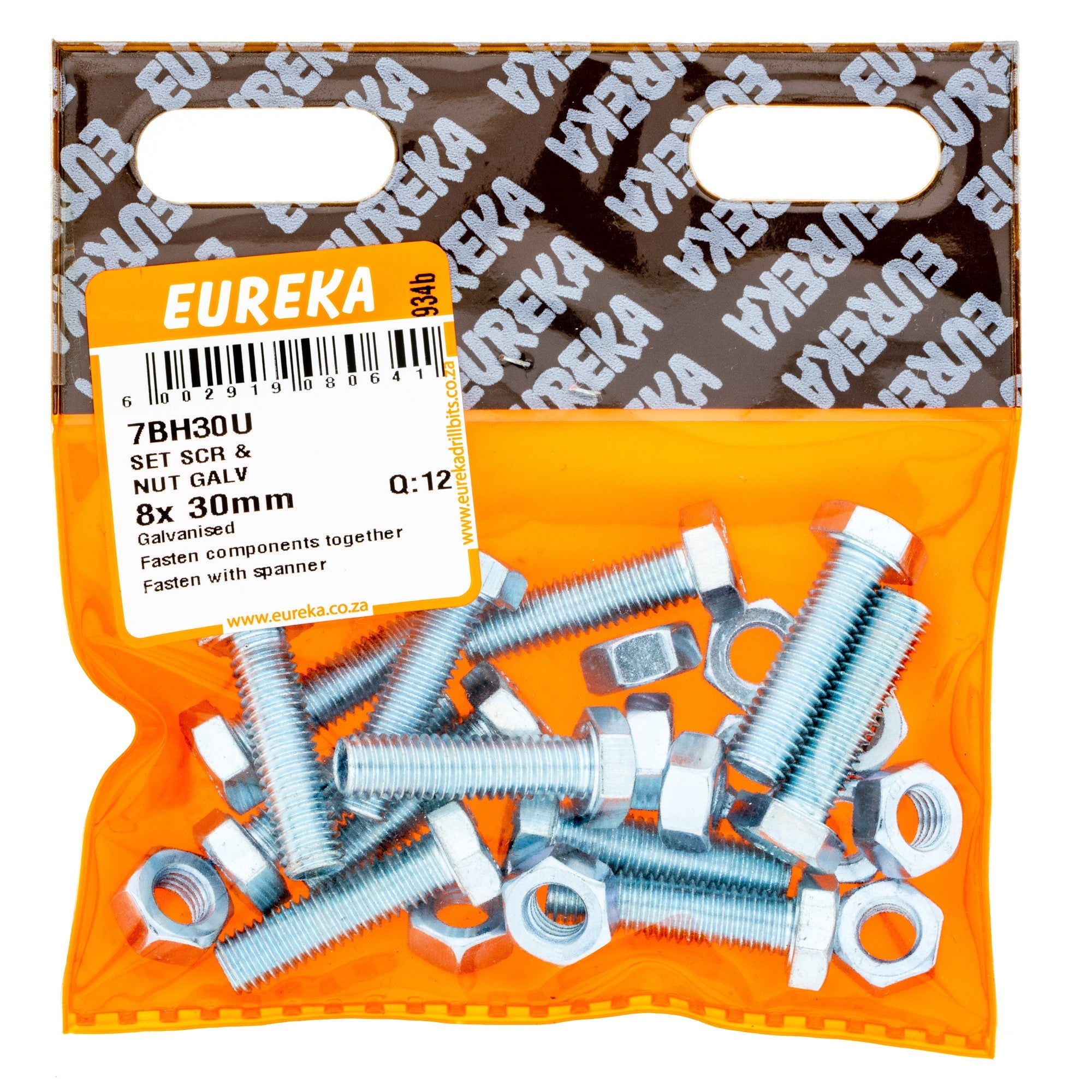Eureka Hex Screw & nut Galv 8 x 30mm Q:102