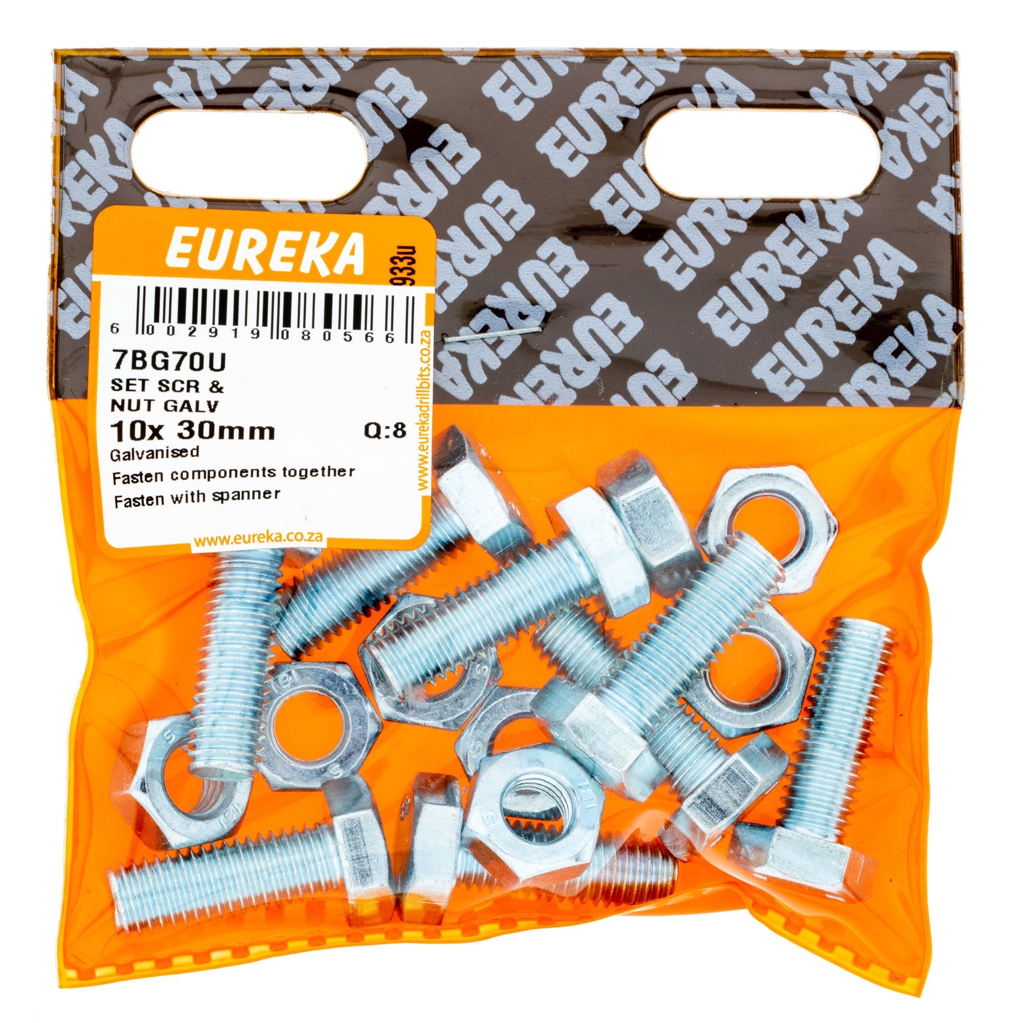 Eureka Hex Screw&nut Galv 10 x 30mm Q:8