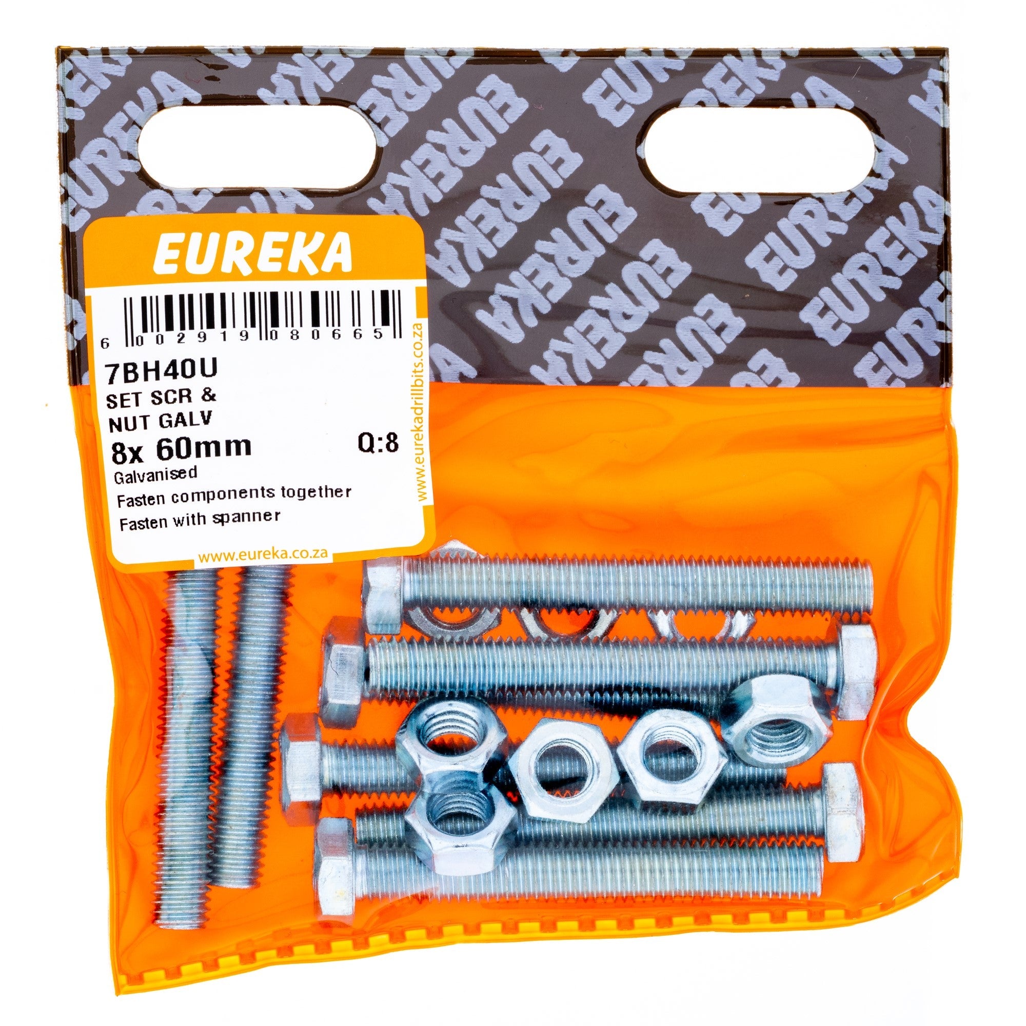 Eureka Hex Screw&nut Galv 8 x 60mm Q:8