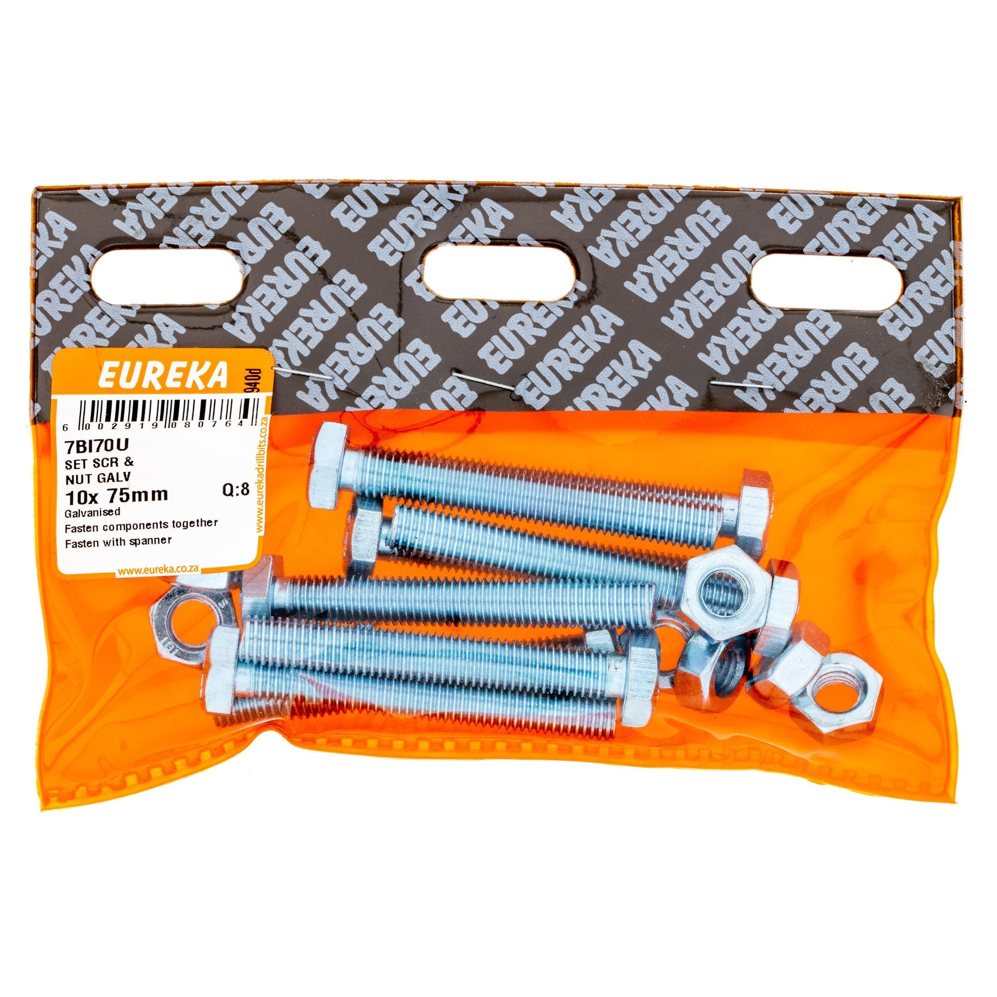 HEX SCREW&NUT GALV 10X75MM Q:8  EUREKA