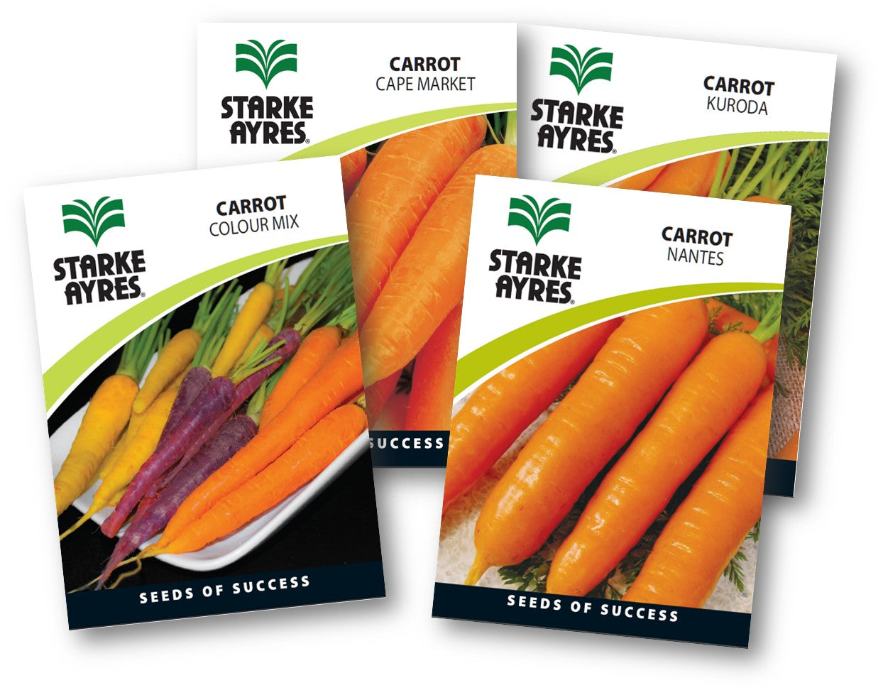 Starke Ayres carrot seed packets with different varieties on a white background