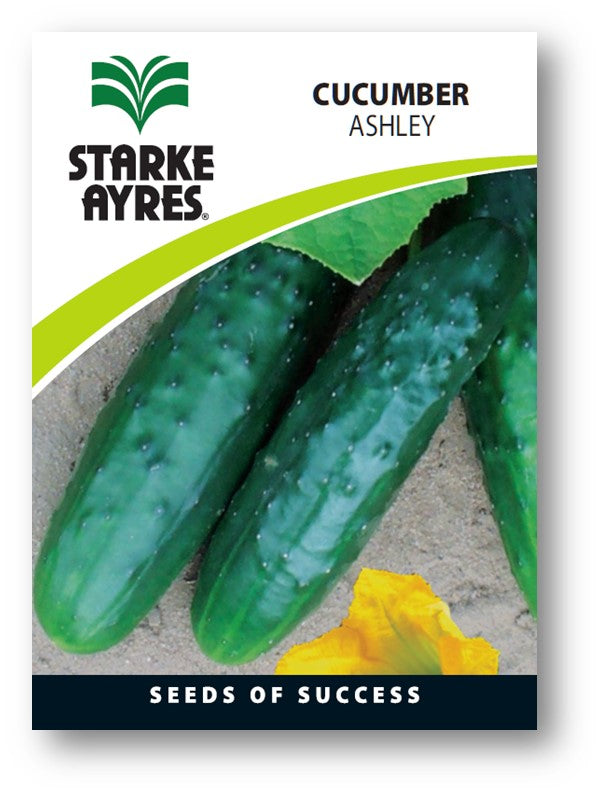Starke Ayres cucumber seed packet with two cucumbers and a flower on a white background