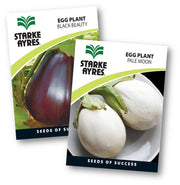 Two packages of Starke Ayres eggplant seeds, one for 'Black Beauty' and one for 'Pale Moon'.