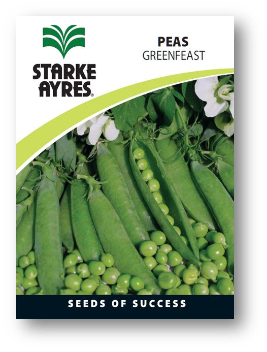 Starke Ayres Peas Greenfeast seed packet with green peas and flowers on a white background