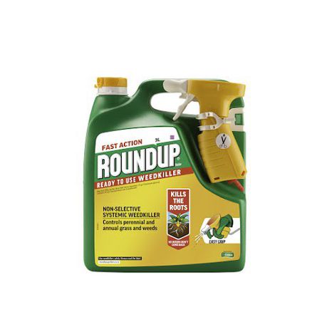 Roundup weedkiller bottle with green and yellow design on a white background