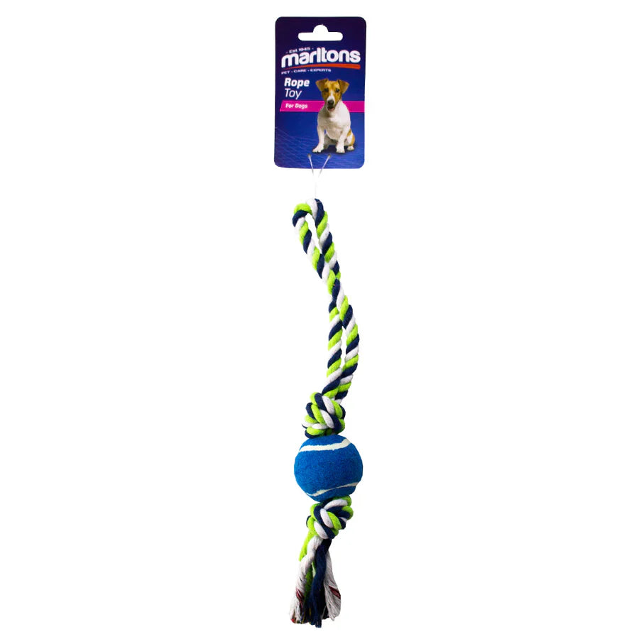 DOG ROPE TUG WITH MINI TENNIS BALL 20CM