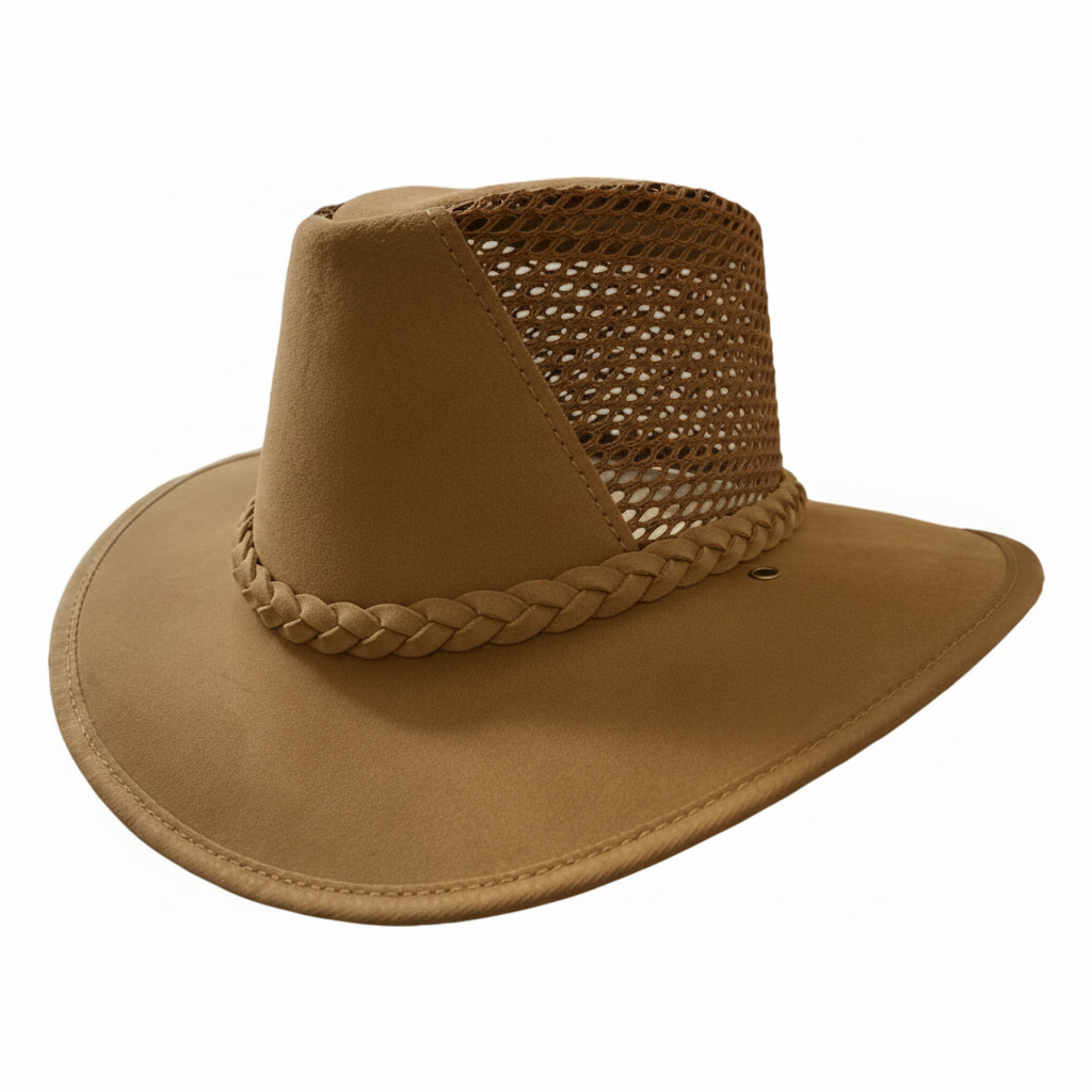 Brown cowboy hat with braided detail on a white background