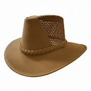 Brown cowboy hat with braided detail on a white background