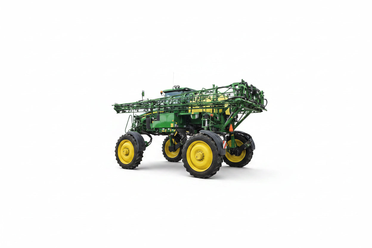 Model of a large green agricultural sprayer on a white background