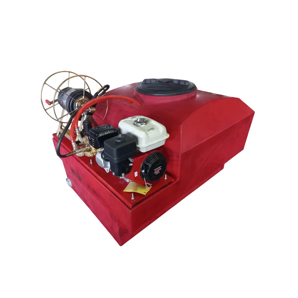 Red fuel tank with mechanical components on a white background