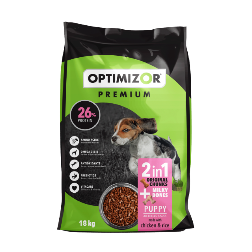 DOG FOOD PUPPY PREM MILKY/B 18KG OPTIMIZ